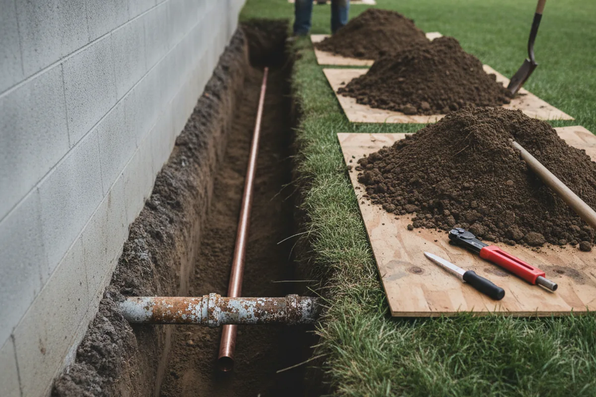 Excavated water line trench during Water Heater Repair in Arnolds Park